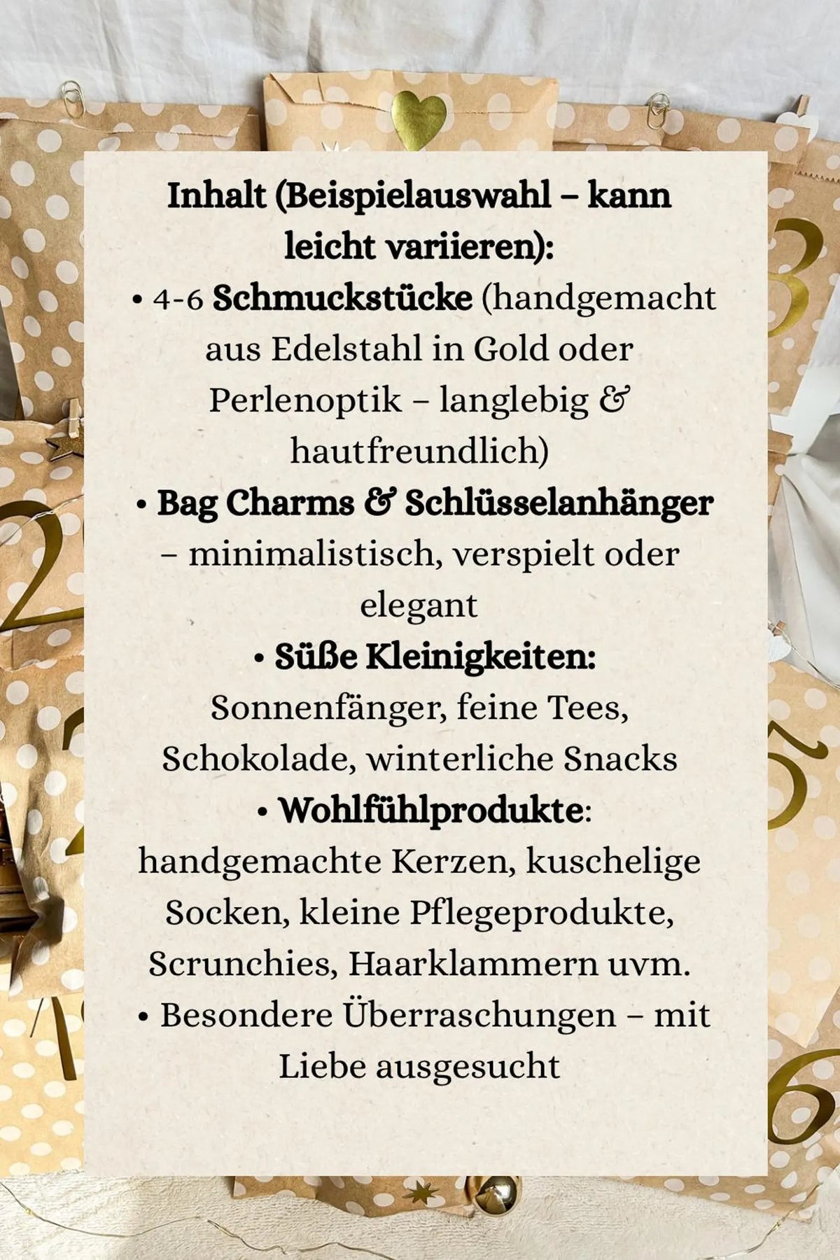 Handgemachter Adventskalender für Frauen mit Schmuck und Überraschungen, Accessoires Kalender Weihnachten